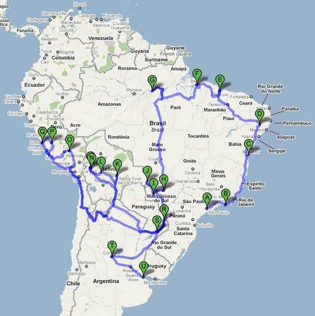 Our travel route through South America